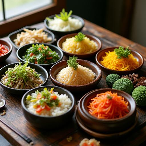 색색의 나물과 전이 정갈하게 담긴 전통 한식 한상차림