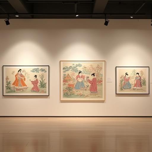 한국 전통 민화가 여러 점 걸려 있는 갤러리 전시 공간