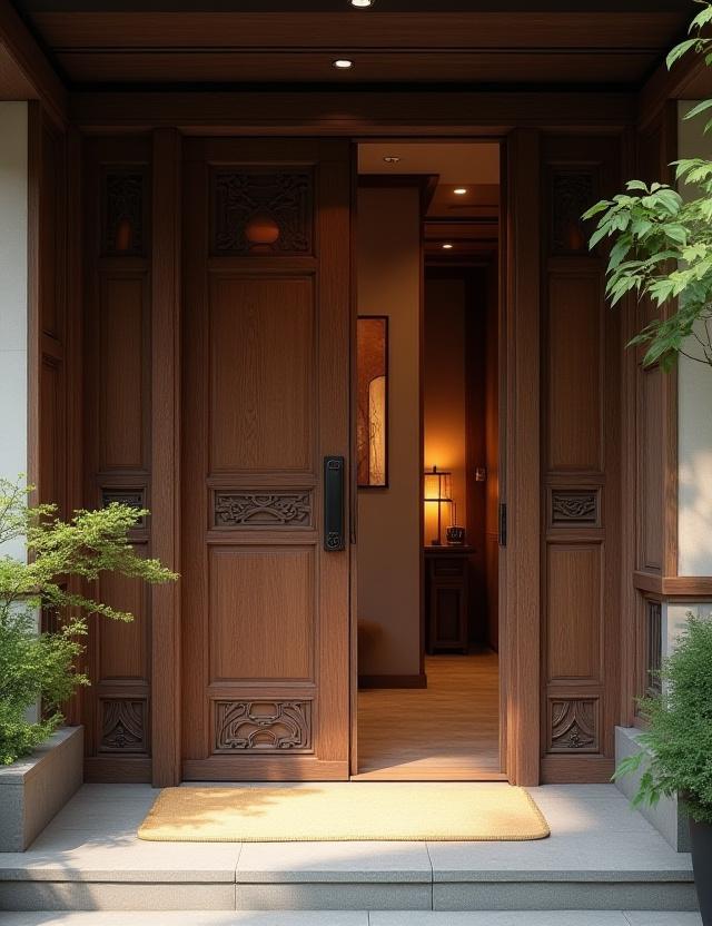 전통적인 나무 대문 너머로 보이는 필림여정의 아늑한 내부 공간