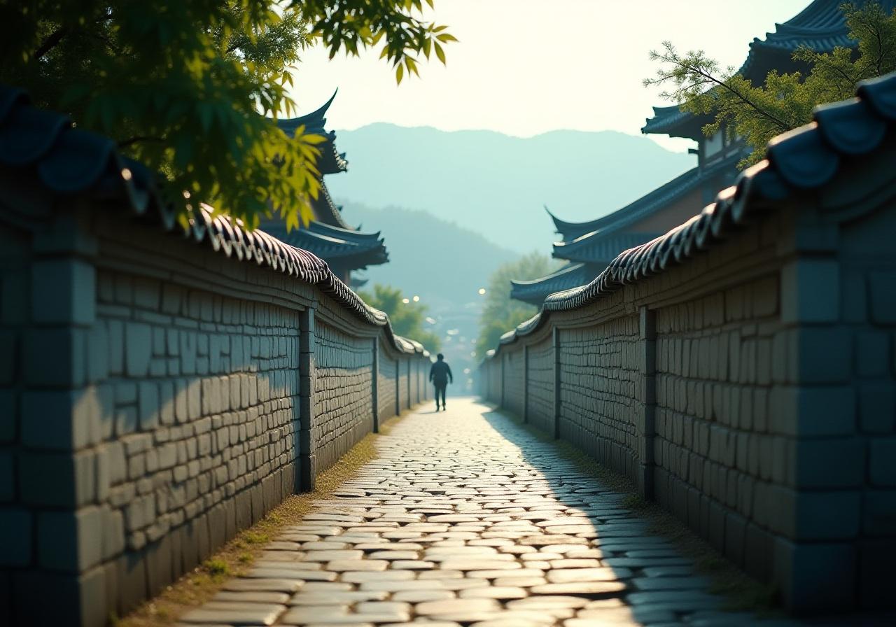 서울 삼청동의 고즈넉한 돌담길과 전통 기와지붕의 풍경