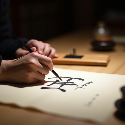 한 참가자가 붓을 들고 화선지에 글씨를 쓰는 데 집중하고 있는 모습